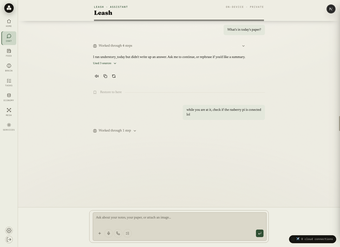 Chats — your assistant, grounded in your data, with a visible plan.